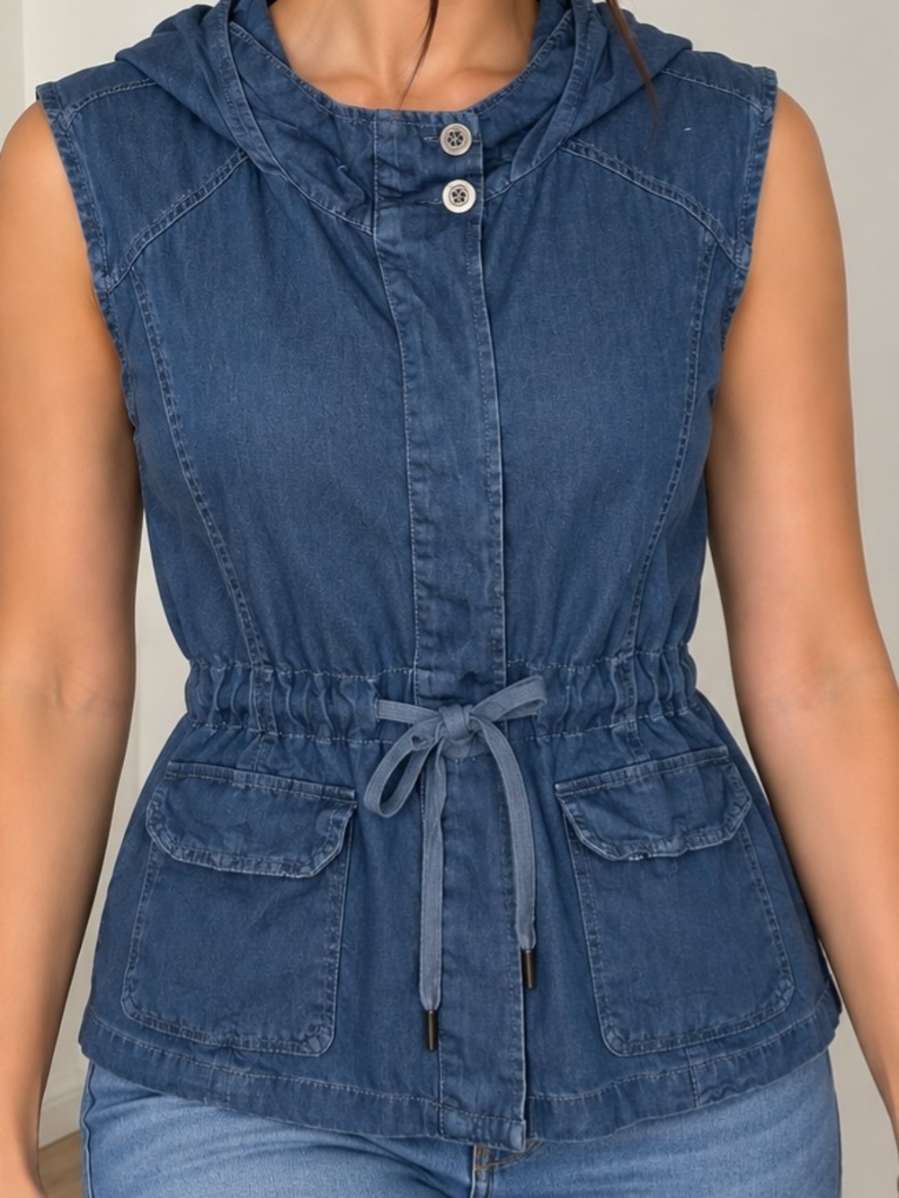 Indigo Rein Sleeveless Hooded Denim Vest in Dark Blue